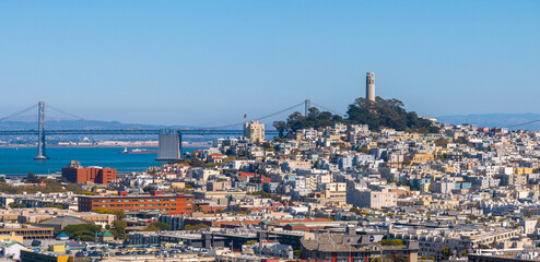 Aerial view of the Fishing Pier, Aquatic Park, Fisherman's Wharf, San Francisco. Aerial view on...