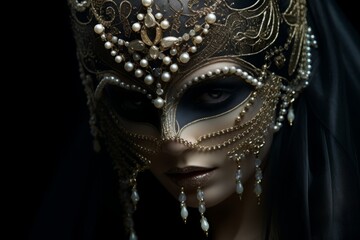 A decorative pearl carnival mask adorned with pearl embellishments on the black background