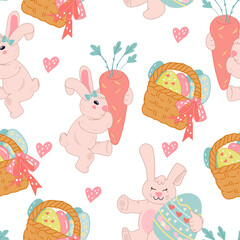 Easter seamless pattern background with adorable bunny characters designs. Easter decoration endless repeatable pattern, hand drawn vector illustration.