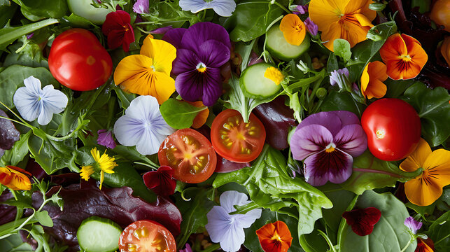Spring salad with seasonal vegetables and edible flowers