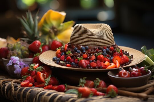 Traveler appreciates acai with local ingredients in tropical market., generative IA