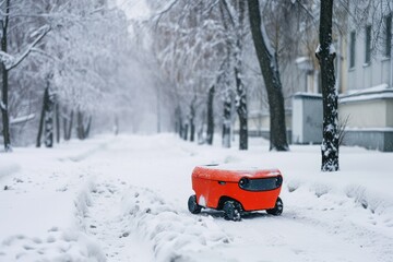 Delivery robot driving along a snowy road in winter
