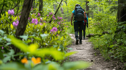 Hikers on spring trail with foliage and flowers