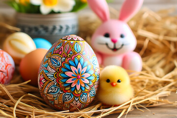 Vibrant hand-painted Easter egg with festive bunny and chick