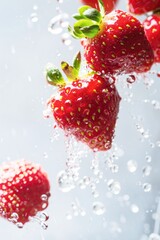 flying strawberries on a white background in water drops