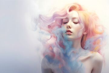 Fashion surreal Concept. Closeup portrait of stunning girl surround dissolve in pastel swirling flowing smoke fog liquid. illuminated with dynamic composition and dramatic lighting. copy text space	
