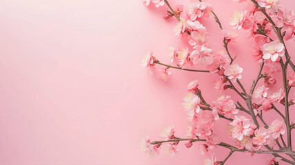 Pink flowers on pastel pink background with text space for spring