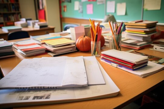 A cluttered wooden desk filled with books, papers, and notes providing a productive workspace, An organized teacher's desk with lesson plans and grading papers, AI Generated