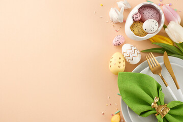The Easter feast is presented with love and care. Top view shot of plates, cutlery, green napkin, painted eggs, fresh flowers, ceramic bunnies on beige background with congrats corner