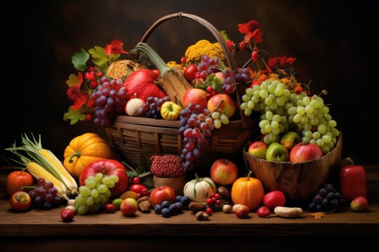 A colorful and vibrant painting showcasing a bountiful basket filled with a variety of fresh fruits and vegetables, An overflowing cornucopia of seasonal fruits and vegetables, AI Generated