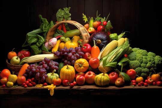 A vibrant and colorful portrayal of a diverse assortment of fruits and vegetables in a beautiful painting, An overflowing cornucopia of seasonal fruits and vegetables, AI Generated