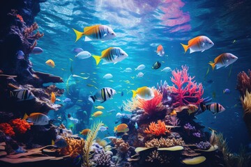 Obraz na płótnie Canvas Immerse yourself in a stunning display of aquatic life as a large aquarium bursts with a plethora of brilliant and captivating fish, An underwater scene with a school of colorful fishes, AI Generated