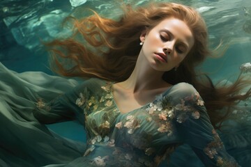 A woman with long red hair floats gracefully in the water, An underwater scene with mermaid-inspired fashion, AI Generated