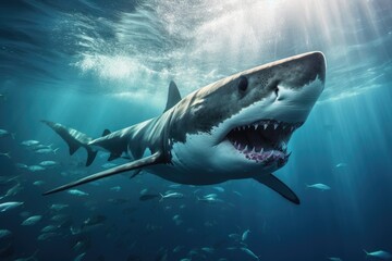 Fototapeta premium A powerful great white shark gracefully glides through the vast blue waters of the ocean, An underwater view of a great white shark, AI Generated
