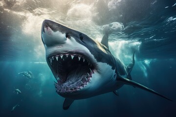 Fototapeta premium A terrifying shark lurks in the water, with its mouth wide open, ready to strike, An underwater view of a great white shark, AI Generated