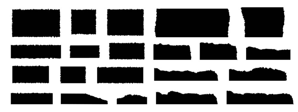 Jagged rectangles. Square shapes with torn paper effect . Set of ripped paper different forms isolated on white background. Black vector objects with rough edges.Tear paper. Ripped papers silhouettes.