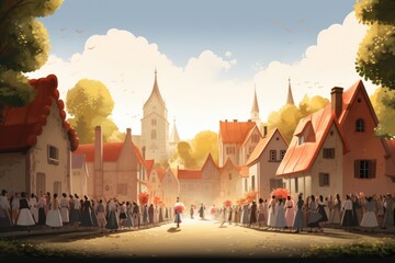 A diverse group of individuals standing in front of a building, showing unity and teamwork, Animated wedding procession through a quaint village, AI Generated - obrazy, fototapety, plakaty