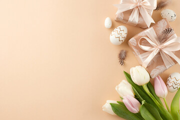 Fototapeta na wymiar Picking gifts for Easter. Top view photo of festive gift boxes, eggs, feathers, tulips on beige background with promo area