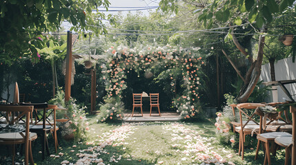 Romantic spring wedding setup in outdoor garden