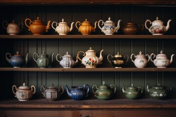 A colorful assortment of teapots in various shapes, sizes, and designs displayed on a shelf, Antique teapots arranged on a rustic kitchen shelf, AI Generated - obrazy, fototapety, plakaty