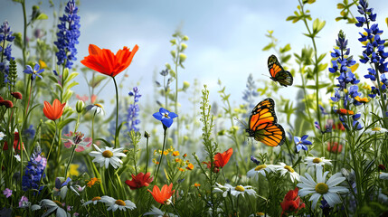 Springtime garden with flowers and butterflies