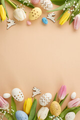 Creating a festive Easter atmosphere. Top view vertical flat lay of eggs, bunnies, fresh tulips on beige background with empty space for message or promo