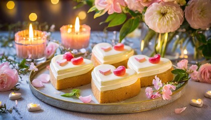 Obraz na płótnie Canvas Heart-shaped cream cakes for valentine's day on a festive table with candles and flowers