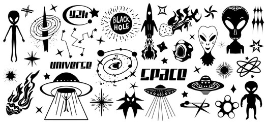 Sci-fi icons set. Ufo, space, universe, future. Flying saucer, Alien symbol, stars, comets. Black silhouettes, tattoo style print for T-shirts, logo element. Vector Illustration