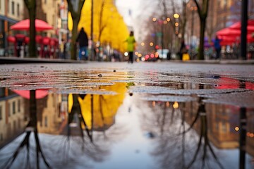Spring rain reflecting on city streets
