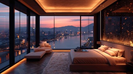 Amazing modern Hotel room with beautiful view, Hotel Room with amazing view - obrazy, fototapety, plakaty