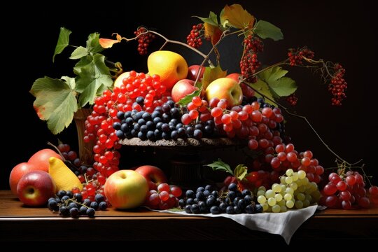 A vibrant painting of various fruits arranged on a table, surrounded by lush green leaves, Arrangement of organic fruit in a classic still-life style, AI Generated