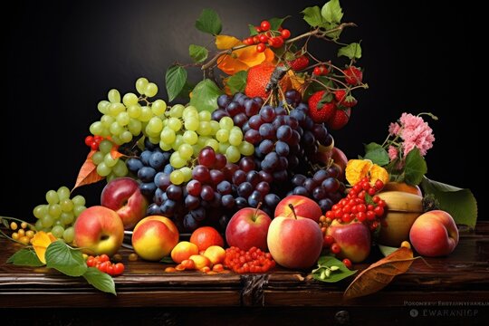 An exquisite painting showcasing a variety of vibrant fruits and blooming flowers arranged on a table, Arrangement of organic fruit in a classic still-life style, AI Generated