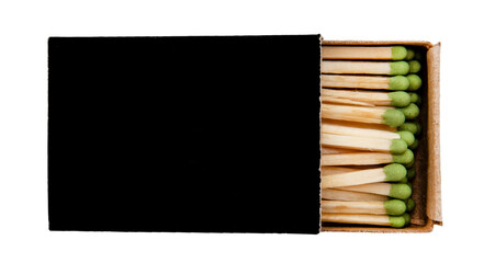 Open black box with matches on a white background.Fire. Fire. Safety. Match isolate with green...