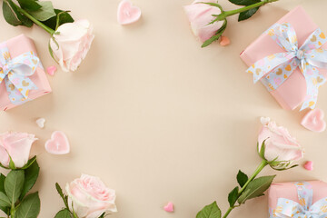 Select the perfect gifts to celebrate International Women's Day. Top view photo of festive gift boxes, pink roses, hearts on beige background with advert area