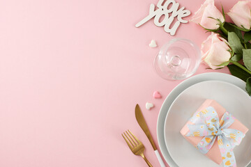 Romantic gastronomic experience on Valentine's. Top view photo of plates, cutlery, hearts, pink roses, wine glass, gift box on pastel pink background with empty space for greeting message