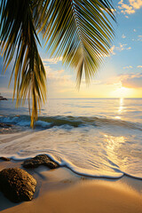 Sunny exotic beach by the ocean with palm trees at sunset summer vacation Generate AI © yuniazizah
