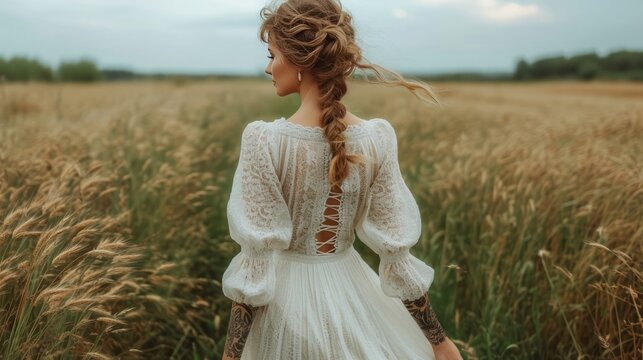 Woman with white dress, brown hair and many tattoos. Walking in a field