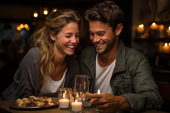 Romantic couple enjoys cozy dinner with gourmet pizza in candlelight., generative IA