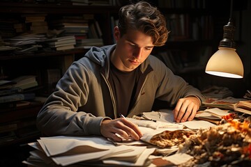 Student immersed between books, order pizza while studying., generative IA