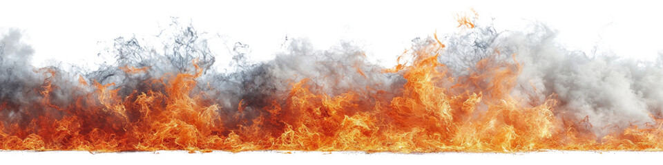 Fire flames and black smoke burning isolated on white transparent, wide panorama, PNG