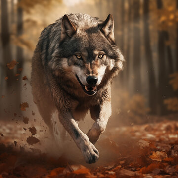 Wolf running through forest in the fall