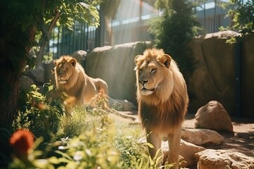 Big lions standing in the aviary in the zoo