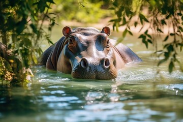 Fototapeta premium Huge adult hippo swimming in the zoo