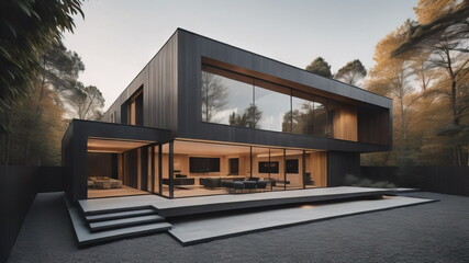 Modern minimalist private black house decorated with wood cladding - obrazy, fototapety, plakaty