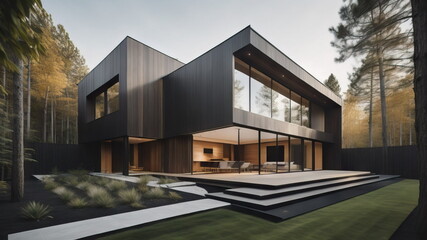 Fototapeta na wymiar Modern minimalist private black house decorated with wood cladding