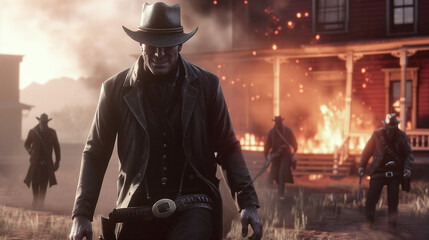 A cut-scene of a old west video game with the villain burning down a house