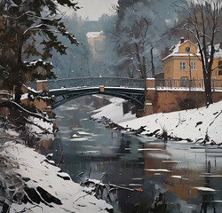 A Painting Of A River With A Bridge And Trees in a snowy day in Saint Petersburg at night. White nights in Russia