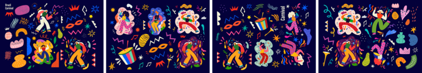 Carnival party cards collection. Design for Brazil Carnival. Decorative illustration with dancing people. Music festival illustrations - 710878724
