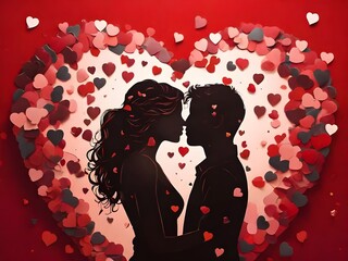 Silhouette of a man and a woman kissing on a red background with many heart-shaped confeti. Valentine's Day. Illustration. Generative AI