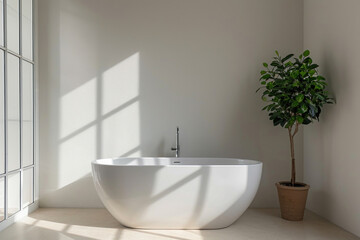 Fototapeta na wymiar A minimalist bathroom featuring a sleek white freestanding bathtub and a potted green plant, with shadows cast from window light.